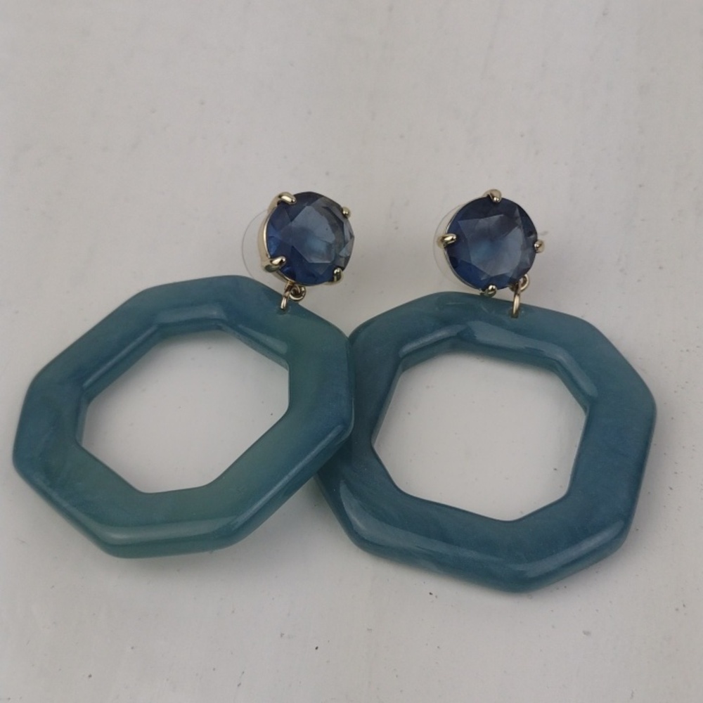 Teal Geometric Lucite Like Faceted Blue Gem Gorgeous Drop Earrings - Picture 8 of 8